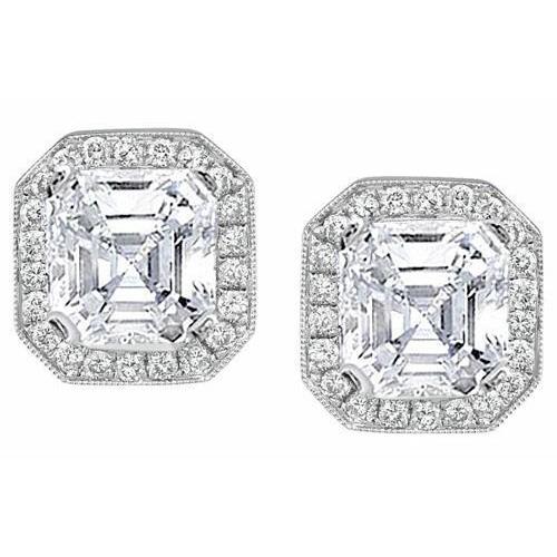 4 Carats Asscher And Round Halo Diamond Stud Earring White Gold 14K Halo Stud Earrings