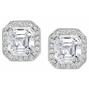 4 Carats Asscher And Round Halo Diamond Stud Earring White Gold 14K Halo Stud Earrings
