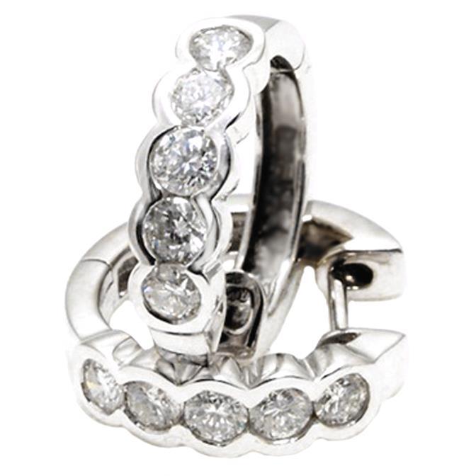 New Style Bezel Set Round Diamond Hoop Earring Solid White Gold 