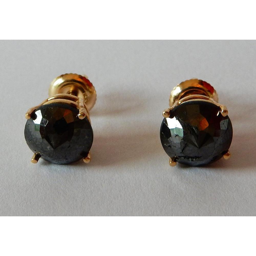 4 Carats Stud Earrings Round Black Diamonds Nice Yellow Gold Finish Stud Earrings