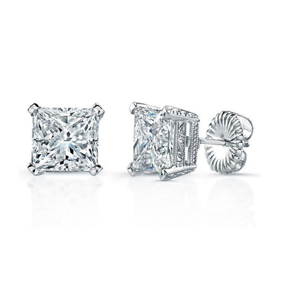 Fancy Lady’s Women Stud Earrings Princess Cut Diamonds White Gold 