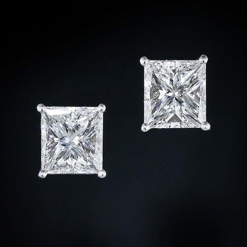  Big Princess Cut Prong Set Diamond Stud Earring 