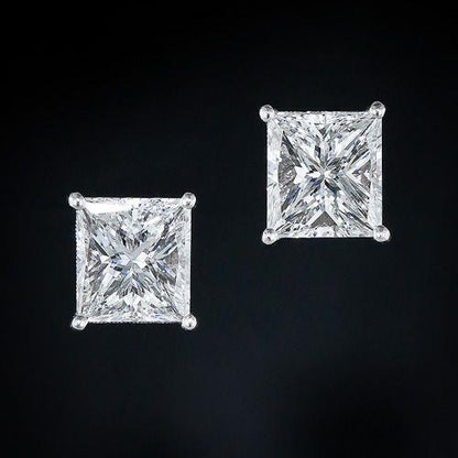  Big Princess Cut Prong Set Diamond Stud Earring 