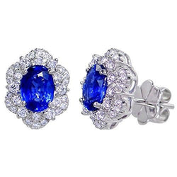 4 Ct Blue Oval Sapphire And Round Natural Earth Mined Diamond Stud Earring White Gold 14K