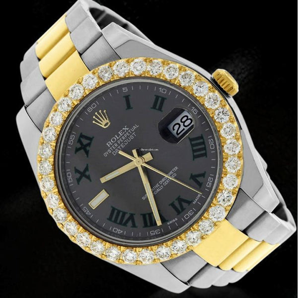 4 Ct Diamond Bezel Rolex Datejust Ii 41 Mm Black Dial Two Tone Watch Watch Bezel