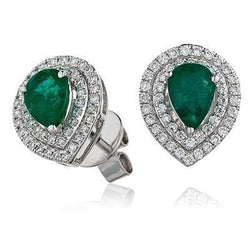 4 Ct Pear Cut Green Emerald With Natural Earth Mined Diamond Stud Earring White Gold 14K