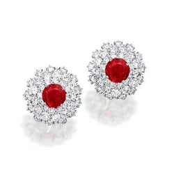 4 Ct White Gold 14K Red Round Cut Ruby & Diamond Stud Halo Earrings
