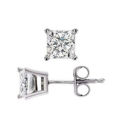 4 Prong Setting Princess Cut Diamond Stud Earring  White Gold 