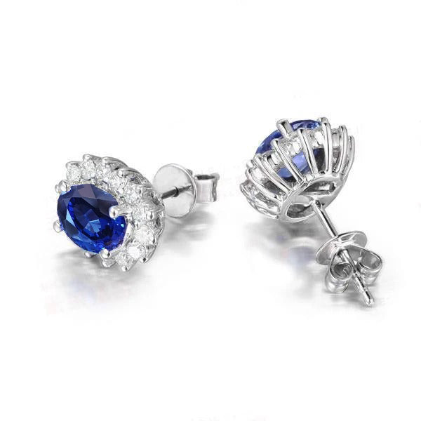 New Sapphire With Halo Diamond Stud Earrings   womans stylish weeding  White Gold