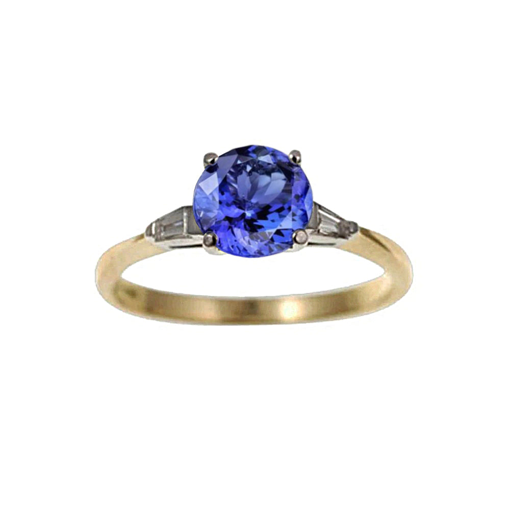 High Quality Fancy Tanzanite And Baguette Diamonds Three Stone Ring