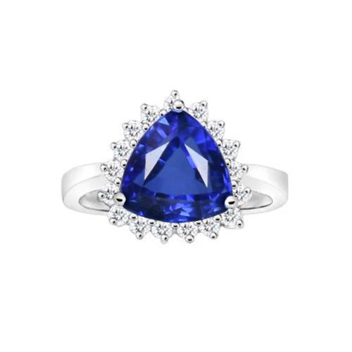  Elegant Woman's Trillion Ceylon Sapphire Round Diamonds Ring White Gold