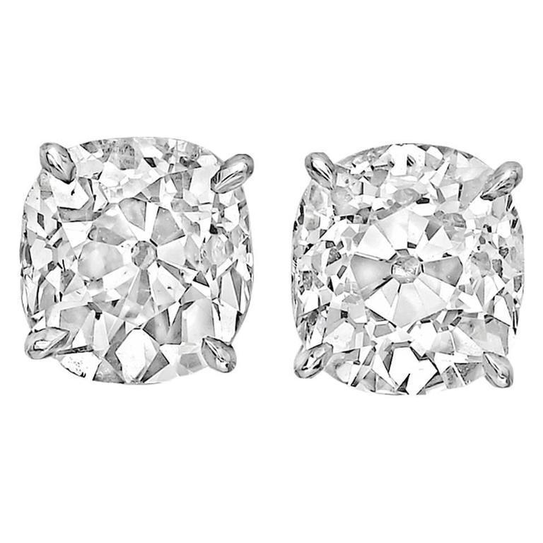Princess Cut Cushion Old Mine Cut Diamonds Studs Earring White Gold 
