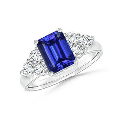 4 Ct Emerald Cut Ceylon Blue Sapphire And Round Diamond Wedding Ring