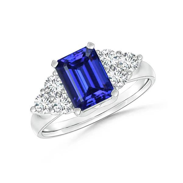 4.00 Ct Emerald Cut Ceylon Blue Sapphire And Round Cut Diamonds Ring Gemstone Ring