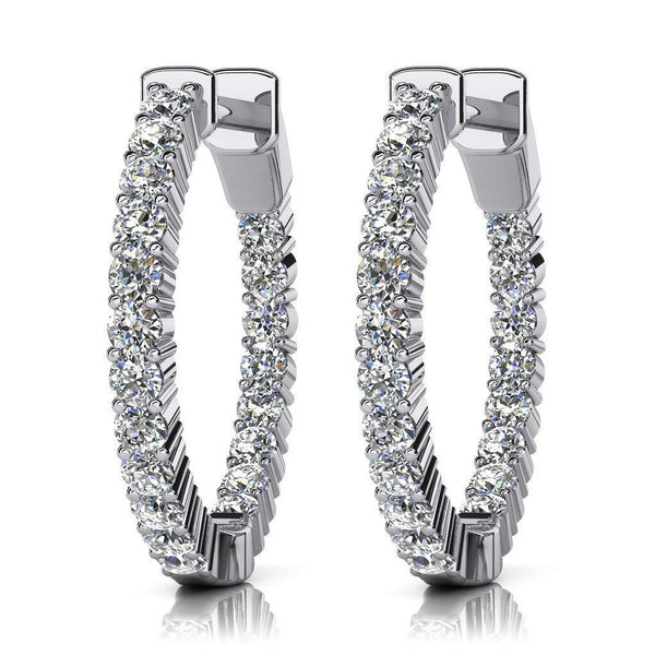 Ladies  Round Cut Single Row Inside Out Diamonds Hoop Earring White Gold 