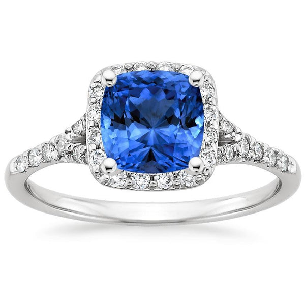  Lady’s Brilliant   Cushion Sri Lankan Sapphire & Round Diamonds   White Gold Gemstone Ring