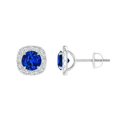 1.40 Ct Blue Round Sapphire And Halo Diamond Stud Earring