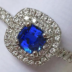 2 Ct Blue Cushion Sapphire And Halo Round Diamond Ring 14K White Gold