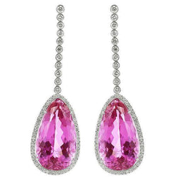 41.42 Ct Pink Pear Cut Kunzite With Natural Earth Mined Diamond Drop Earrings Gold 14K