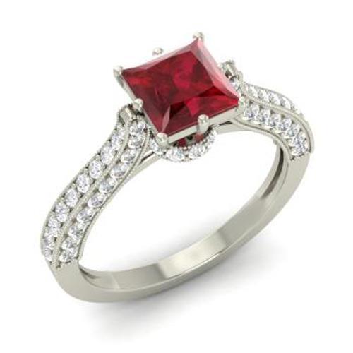  Princess Cut Ruby With Round Diamonds Ring White Gold Gemstone Ring