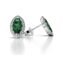 3.45 Ct Green Emerald With Diamond Stud Halo Earring 14K White Gold