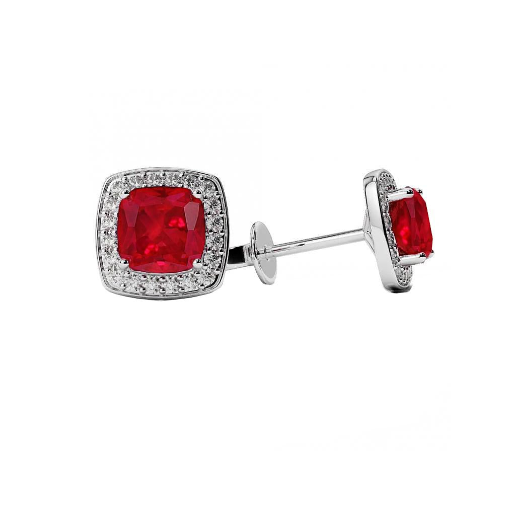 4.50 Carats Cushion Ruby With Diamonds Women Studs Halo White Gold 14K Studs- Halo