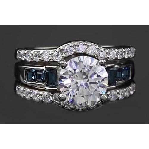 4.50 Carats Ring Set Round Diamonds Accented Blue Green Sapphire Jewelry Engagement Ring Set