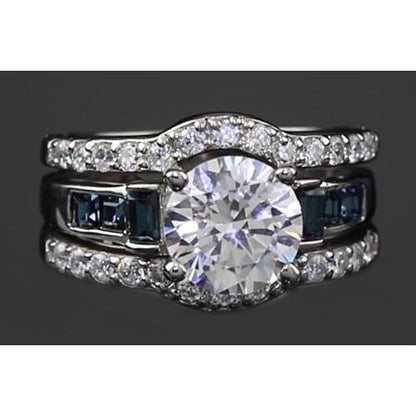 4.50 Carats Ring Set Round Diamonds Accented Blue Green Sapphire Jewelry Engagement Ring Set