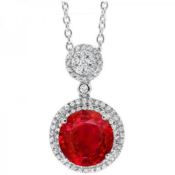 4.75 Carats Round Cut Red Ruby And Diamond Pendant White Gold 14K