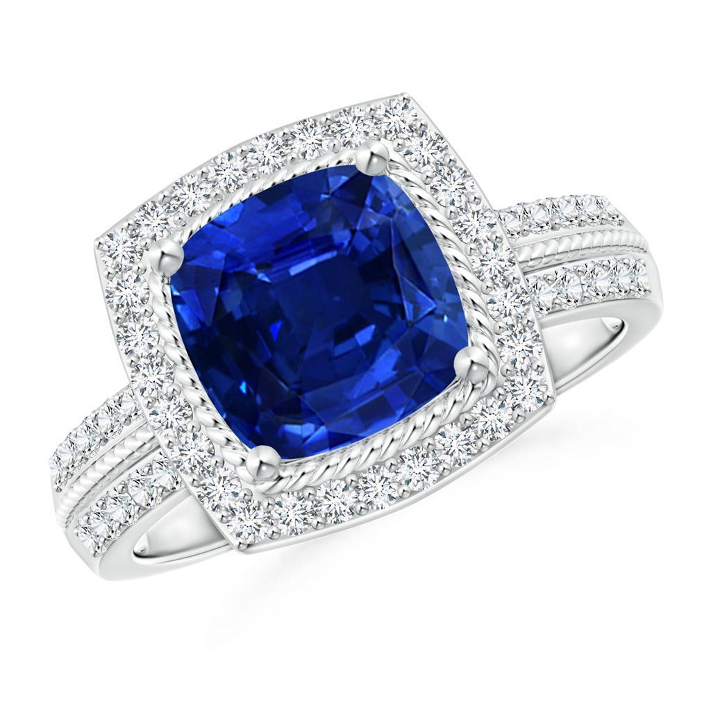   Cushion And Round Cut Sapphire And Diamonds   White Gold   Gemstone Ring