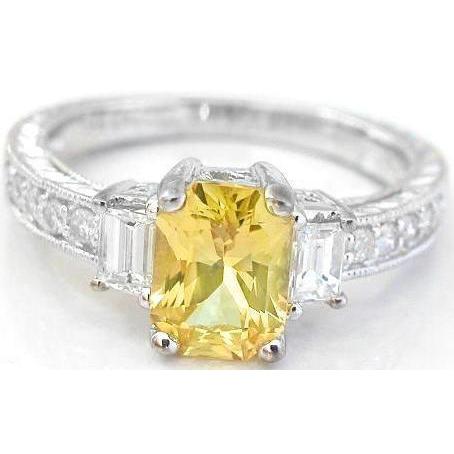 New High Quality  Radiant Yellow Sapphire And Round Diamonds   White Gold Gemstone Ring