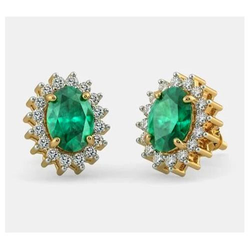   Women Jewelry  Green Emerald With Diamond Stud Earring  Yellow Gold Gemstone Earring