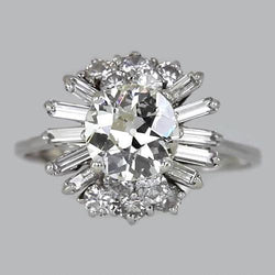 Genuine   4 Carats Baguette Wedding Round Old Mine Cut Diamond Ring