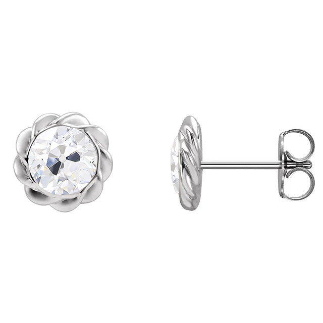 Diamond Stud Earrings Bezel Set Old Cut Jewelry Twisted Style
