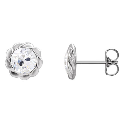 Diamond Stud Earrings Bezel Set Old Cut Jewelry Twisted Style