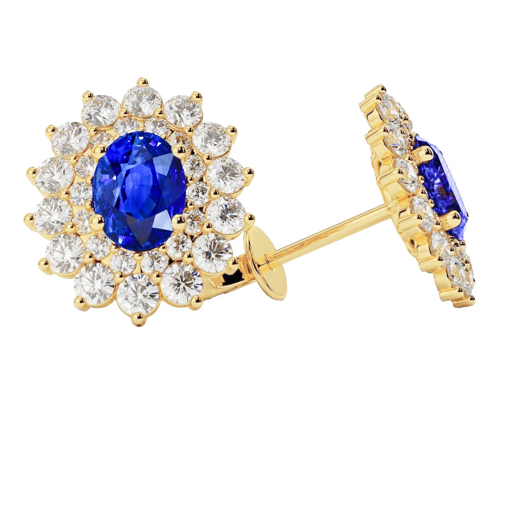 Ladies Brilliant Oval Cut Sri Lanka Sapphire Diamonds Studs Yellow Gold