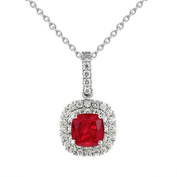 4 Carats Red Cushion Shaped Ruby Diamond Pendant White Gold 14K