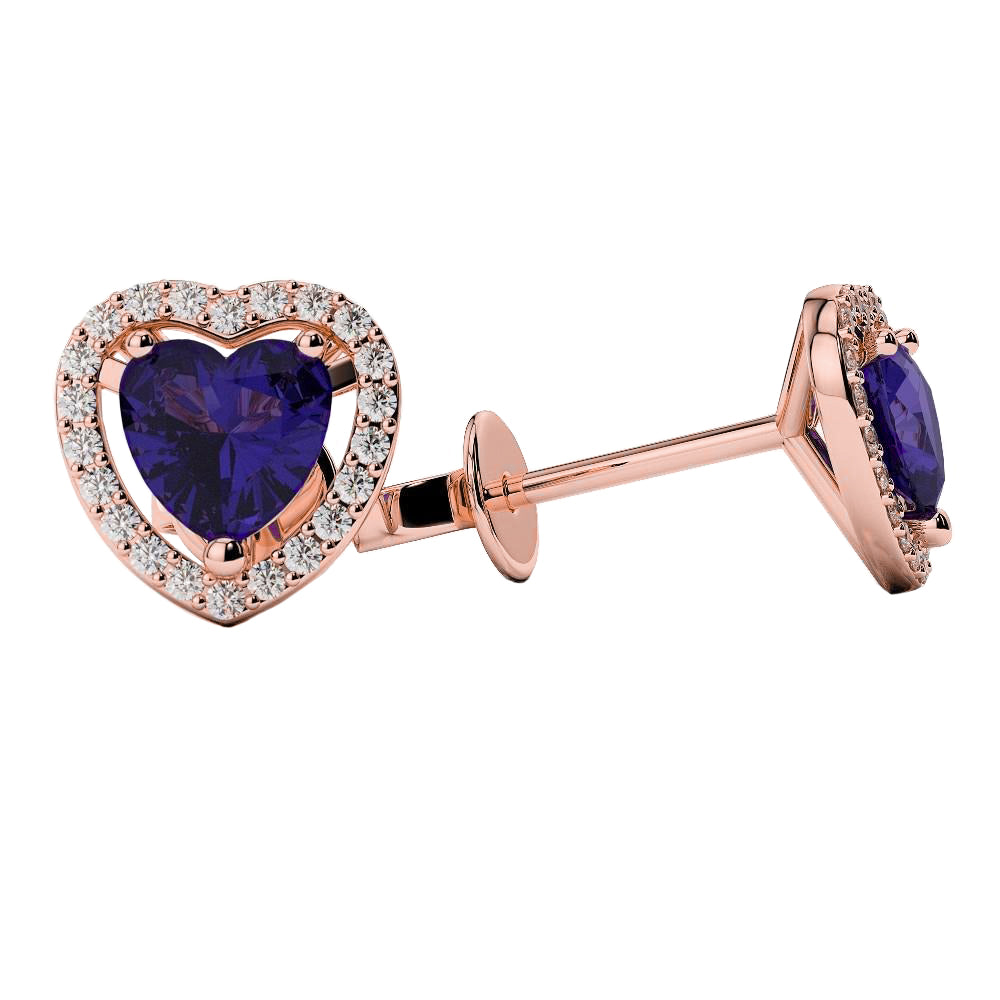 Lady’s  Round Anniversary Tanzanite With Diamond Halo Stud Earring Rose Gold