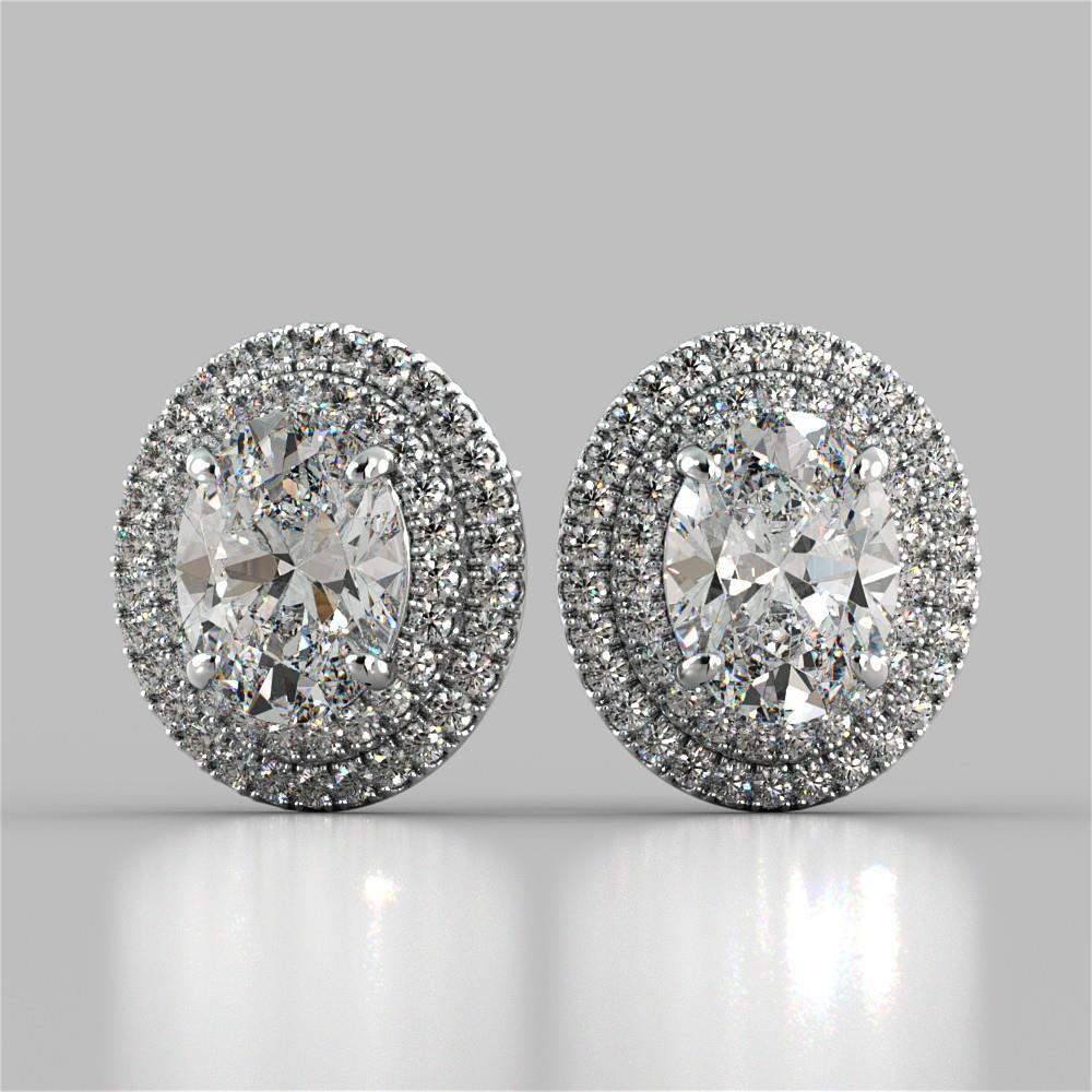 Prong Set Oval Double Halo Diamond Stud Earring White Gold Halo Stud Earrings