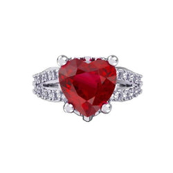 5 Ct Prong Set Red Heart Cut Ruby With Diamond Ring White Gold 14K