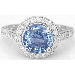 4.86 Ct Round Cut Ceylon Sapphire Natural Earth Mined Diamond Ring White Gold 14K
