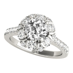 5.25 Carats Halo Round Old Miner Genuine Natural Earth Mined Diamond Ring Flower Style White Gold