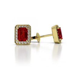5.10 Carats Prong Set Emerald Cut Ruby With Natural Earth Mined Diamonds Stud Earrings
