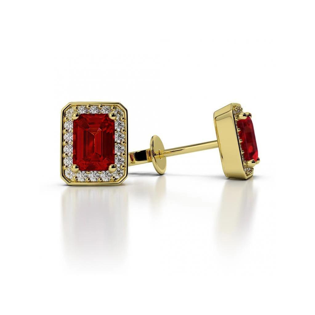 5.10 Ct Prong Set Emerald Cut Ruby With Diamonds Studs Halo Gold Yellow Studs- Halo