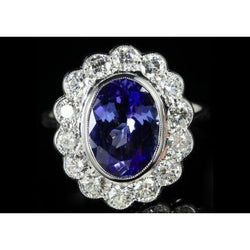 5.15 Ct Oval Bezel Set Tanzanite With Natural Earth Mined Diamonds Ring 14K White Gold