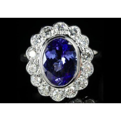  Oval Bezel Set Tanzanite With Diamonds Ring  White Gold Gemstone Ring