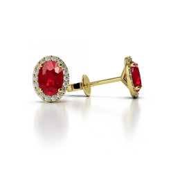 5.20 Carats Oval Cut Ruby With Round Natural Earth Mined Diamond Stud Halo Earrings