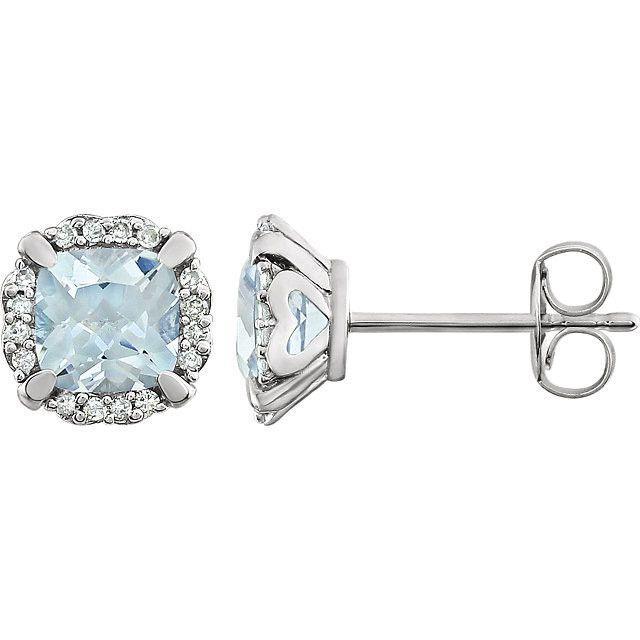  Fancy Engagement  Prong Set Aquamarine And Diamonds Studs White Gold Gemstone Earring