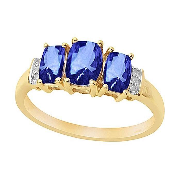  Lady’s  Cushion Sri Lanka Blue Sapphire Diamonds Ring 3-Stone Yellow Gold  Gemstone Ring