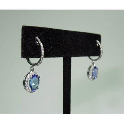 Gemstone Earring 3.65 Ct Oval Ceylon Sapphire & Round Diamonds Dangle Hoop Earrings